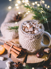 Hot winter drink chocolate, cocoa or coffee with marshmallows on the table in a knitted mug with...