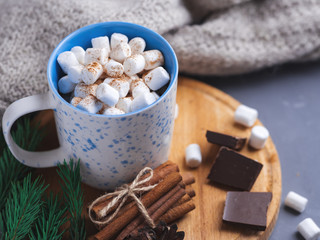Hot chocolate or cocoa with marshmallows in a cinnamon mug. Warm knitted scarf