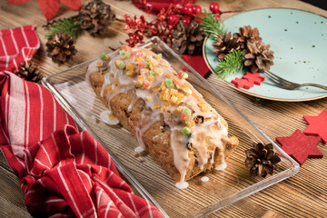 Traditional Christmas cake with candied fruit, raisins and fruits.