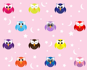 multi-colored owls with stars on a pink background