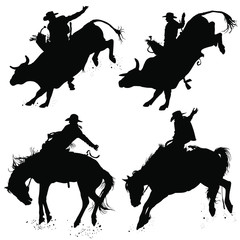 Vector silhouettes of a cowboy riding a bucking bull and horse.