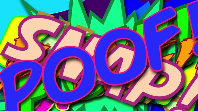 Different colored Comic speech words layered on top of each other. Bright dynamic cartoon illustrations in retro pop art style, computer generated. 3d rendering comic design