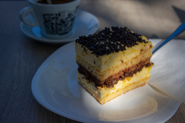 Delicious slovenia cake on white plate called Izolanka, veri tasty dessert with chocolate and orange, metallic fork