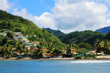 Houses and buildings along the shore and in the hills, St. Lucia, West Indies