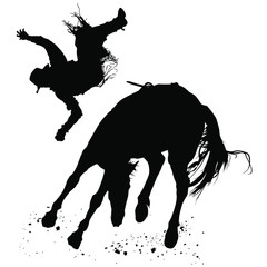 Vector silhouettes of a cowboy falling off of a bucking bronco horse.