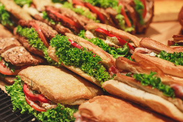 Beautifully decorated catering banquet table with different food snacks and appetizers with sandwich, on corporate christmas birthday kids party event or wedding celebration