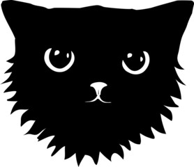 This is the head of a black cat.  Isolated on a white background. Stock vector illustration. Black and white graphics.  Computer graphics.