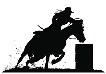 A vector silhouette of a rodeo cowgirl barrel racing.