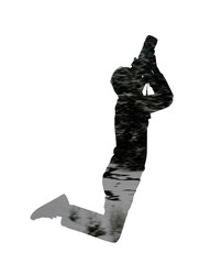 silhouette of man photographer on white background, double multiple exposure effect,combined images