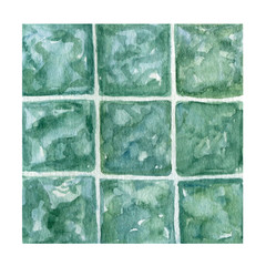 Watercolor interior textures with bathroom glass tiles. Hand drawn illustration. Modern art for interior design and realty advertising.