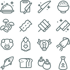 Food icons set vector illustration. Contains such icon as Meat, Pork, Beef, Chicken, Seafood and more. Expanded Stroke