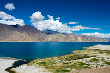 Ladakh, India - Aug 06 2019 - Pangong Lake view from Merak Village in Ladakh, Jammu and Kashmir, India. The Lake is an endorheic lake in the Himalayas situated at a height of about 4350m.