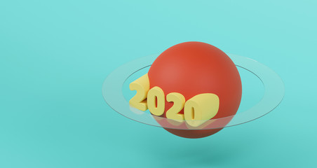 3D rendering of New Year concept. Yellow 2020 Happy New Year on red planet and glass ring. Blue background. Abstract minimalist mockup