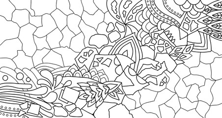 Abstract black and white pattern with floral and natural  elements on a white background. Coloring.. Mosaic. Puzzles