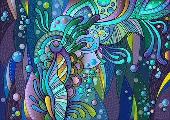 Naklejki  Streszczenie kolorowy wzór z kwiatowymi i wodnymi elementami naturalnymi z bąbelkami na niebieskim tle. Kolorowanie. Mozaika. Puzzle
