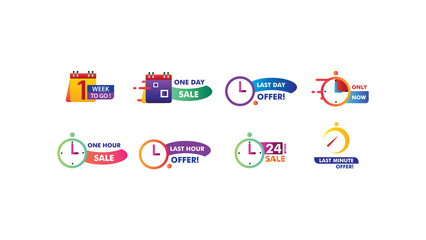 Sale countdown badges. Last minute offer banner, one day sales and 24 hour sale promo stickers. business limited special promotions, best deal badge. Isolated vector icons set.