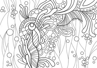 Abstraction black and white pattern with floral and aquatic natural elements with bubbles on a white background. Coloring. Mosaic. Puzzles
