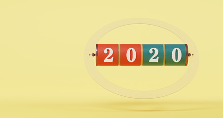 3D rendering of New Year concept. Slot background of 2020 number on yellow pastel background. Abstract minimalist mockup