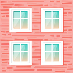 Windows on the red brick wall background. Vector illustration cartoon flat style. 