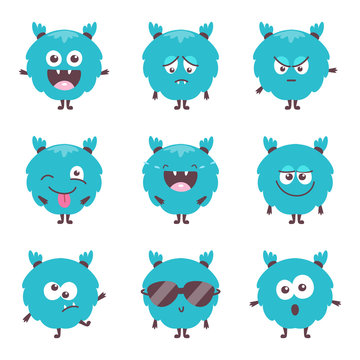Set of cute cartoon bluel monster emotions. Funny emoticons emojis collection for kids. Fantasy characters. Vector illustrations, cartoon flat style. 