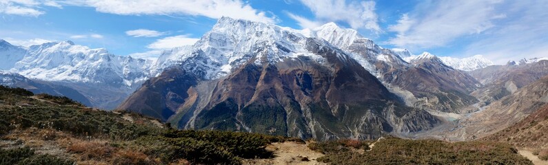 Panoramic view of whole massif Annapurna, on trail from Manang to Ice Lake. During trekking around...