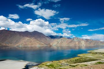 Ladakh, India - Aug 05 2019 - Pangong Lake view from Merak Village in Ladakh, Jammu and Kashmir, India. The Lake is an endorheic lake in the Himalayas situated at a height of about 4350m.