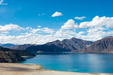 Ladakh, India - Aug 05 2019 - Pangong Lake view from Merak Village in Ladakh, Jammu and Kashmir, India. The Lake is an endorheic lake in the Himalayas situated at a height of about 4350m.