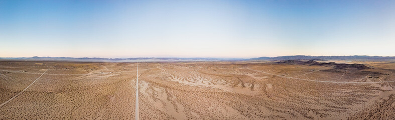 Panoramic drone view of the desert in Joshua Tree California