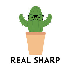 Vector illustration of a textured cactus with geeky glasses and typography. Real sharp. Funny houseplant concept.