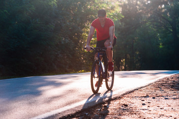 Naklejka premium Cyclist Riding the Bike through the woods at sunset at Sunset.