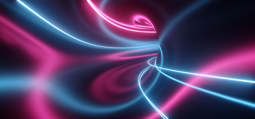 Sci Fi Futuristic Purple Blue Beams Dark Vibrant Neon Fluorescent Tunnel Corridor Hexagon Floor Metal Night Underground Fashion Alien Spaceship 3D Rendering