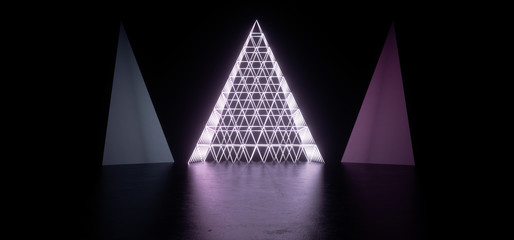 Neon Glowing Purple White Wire Mesh Net Pyramids On Concrete Floor Underground Tunnel Corridor Cyber Virtual Reality Sci Fi Futuristic Retro Empty Space Background 3D Rendering