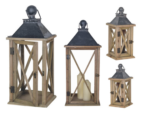 Collection of wooden lanterns. Isolated image on a white background. White candles.