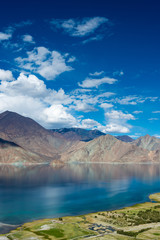 Ladakh, India - Aug 05 2019 - Pangong Lake view from Merak Village in Ladakh, Jammu and Kashmir, India. The Lake is an endorheic lake in the Himalayas situated at a height of about 4350m.