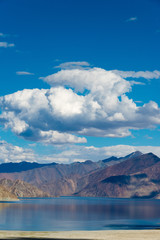 Ladakh, India - Aug 05 2019 - Pangong Lake view from Merak Village in Ladakh, Jammu and Kashmir, India. The Lake is an endorheic lake in the Himalayas situated at a height of about 4350m.