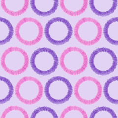 Polka dot seamless pattern. Color pencil hand drawn.Pink and violet color circles on light violet background. Good for fabric, textile, wrapping paper, wallpaper, baby room, packaging, paper, print