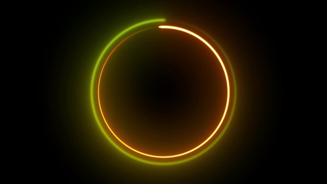  Neon Circles Turn Loop. Double Layered Green and Orange Neon Circles Endless Counting. Loop. Neon Clock, Countdown. Clockwise. Neon Digital Abstract Circles Going in Loop.