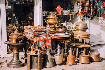 To sell out.Market in Bodrum. Authentic counter.Old turkish decor Carpets,teapots,sewing machine.Flea market in Turkey.Second hand in Bodrum.Antique store.
