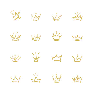 Crown Logo Hand Drawn Icon Vector. Golden Elements On A White Background. Crowns With Stars And Hearts. Simple Doodle Flat Style.