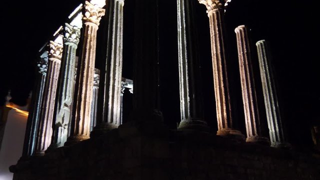 Columns Roman Temple of Diana at night Evora Portugal  4k