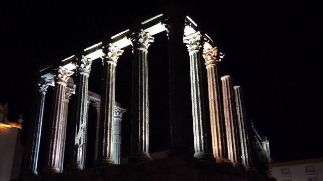 Columns Roman Temple of Diana at night Evora Portugal  4k