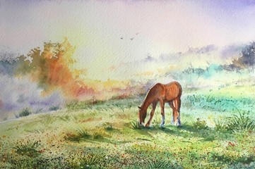 Watercolor brown horse standing  in grass in sunset light. Yellow, purple and green background. Holy days of muslim community. Eid al-Adha Mubarak,  Sacrifice Greeting, Kurban Bayraminiz Kutlu Olsun. © El_Art