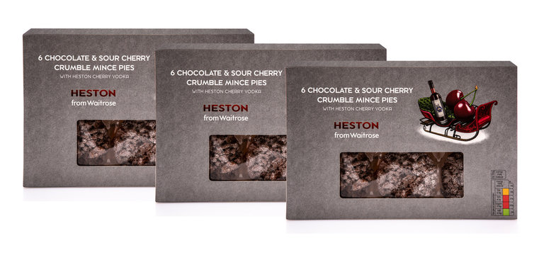 Heston From Waitrose 6 Chocolate and Sour Cherry Crumble Mince Pies with Heston Cherry Vodka on a white background