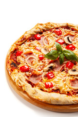 Pizza with ham on white background