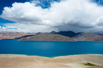 Foto op Canvas Ladakh, India - Aug 08 2019 - Pangong Lake view from Spangmik Village in Ladakh, Jammu and Kashmir, India. The Lake is an endorheic lake in the Himalayas situated at a height of about 4350m. © beibaoke