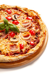 Pizza with ham on white background