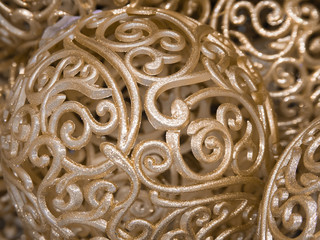 big beautiful gold Christmas balls close up. bright Christmas toys, Christmas and happy New year concept, space for text for your design. Wallpaper.