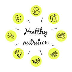 Heathy nutrition. Set of hand drawn color icon. vector
