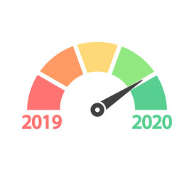 Colored scale. Scale with arrow from 2019 year to 2020 year. Vector illustration.