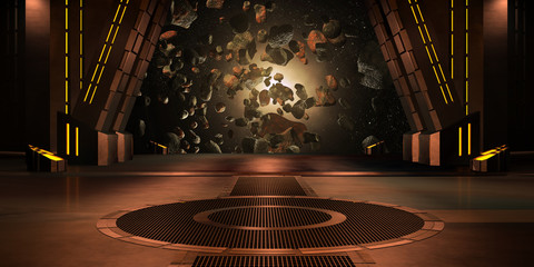 Fototapeta premium sci fi corridor with view of space galaxy 3d rendering